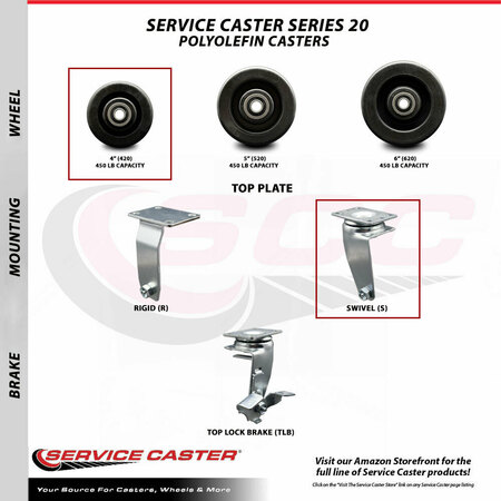 Service Caster 4 Inch Polyolefin Swivel Caster Set with Ball Bearings 2 Brakes SCC SCC-20S420-POB-2-TLB-2